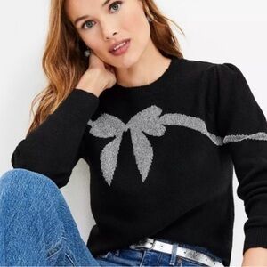 NWT  LOFT  Black Crewneck Sweater with Silver Shimmer Bow - S